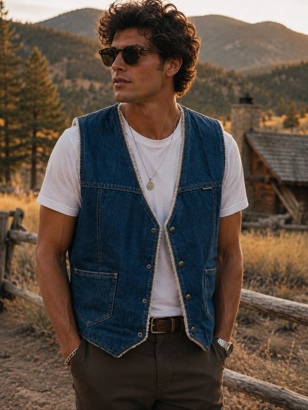 Vtg 70s Nelson blue jean denim fleece shearling vest